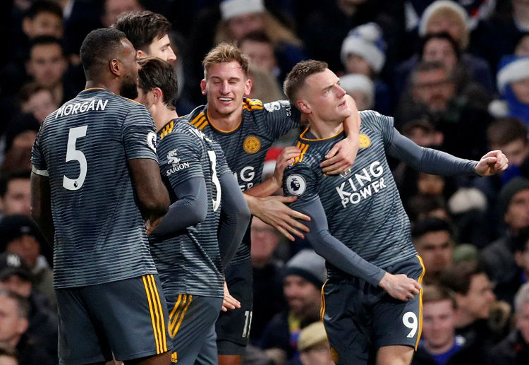 Jamie Vardy celebrates scoring Leicester City's first goal against Chelsea in the Premier League