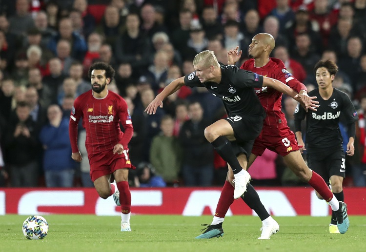 Erling Haaland scores Red Bull Salzburg's third goal against Liverpool in the Champions League