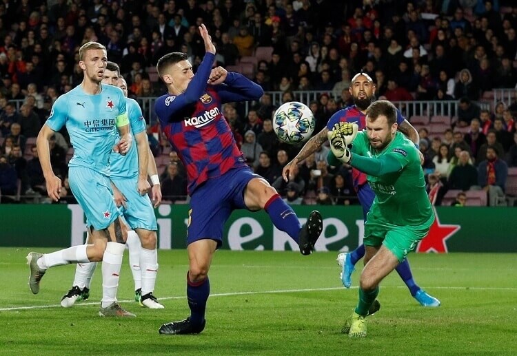 Slavia Prague's Ondrej Kolar blocks Barcelona from scoring during their Champions League group stage clash