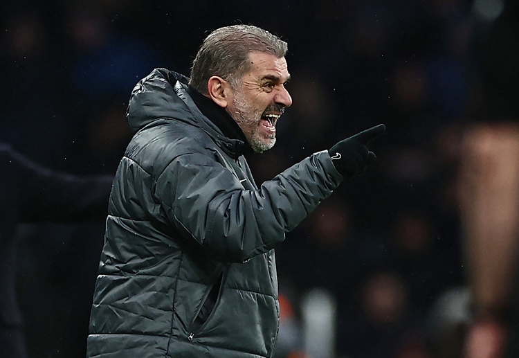 Tottenham Hotspur manager Ange Postecoglou gives instructions from the sideline during Premier League match against Leicester City