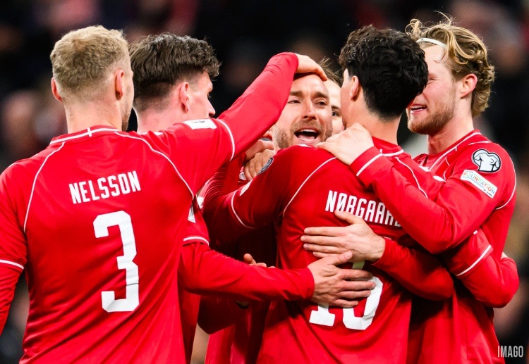 世界杯预选赛 达姆斯高抓住门前机会破门，为丹麦打破僵局取得领先